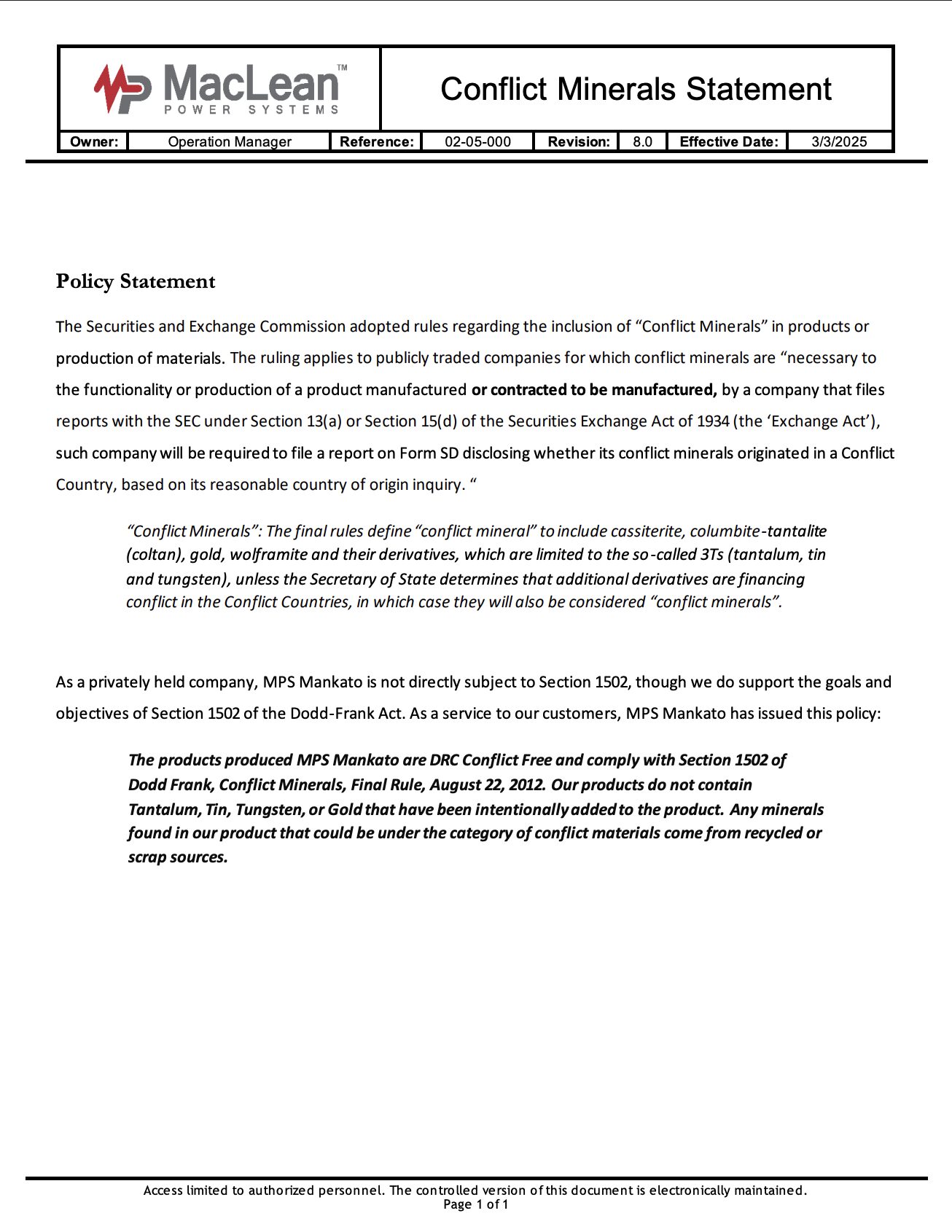 Conflict Minerals Policy Statement cover screenshot